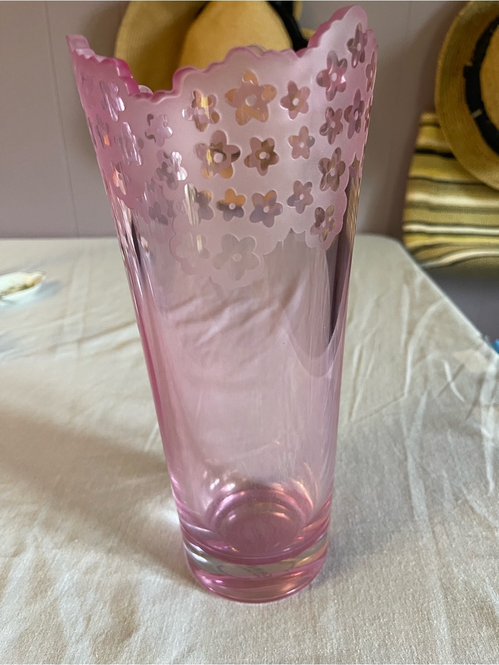 Scalloped Pink Floral Glass Vase Irish glass company